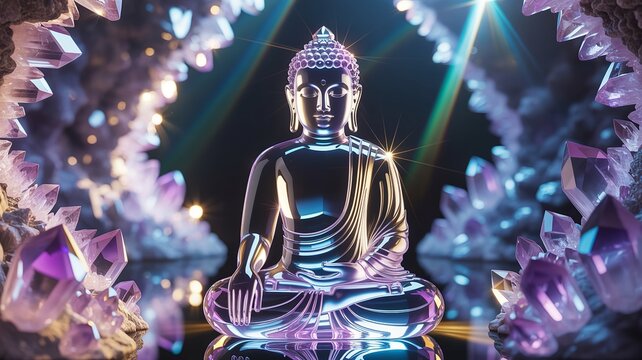 Digital illustration of a meditating Buddha statue surrounded by crystals and ambient light.