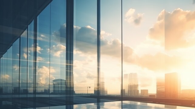 Modern office building or business center. High-rise window buildings made of glass reflect the clouds and the sunlight. empty street outside  wall modernity civilization. growing up business