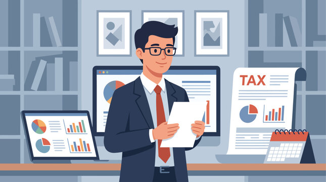 A confident, smiling accountant in a sharp suit and glasses stands in his neat office, reviewing paperwork among computer screens showing financial charts, a large tax document, and a calendar