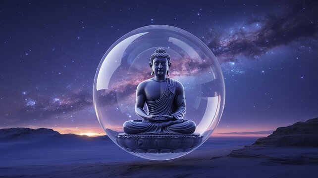 Meditation Buddha Statue in Transparent Orb Illuminated by Night Sky with Stars.