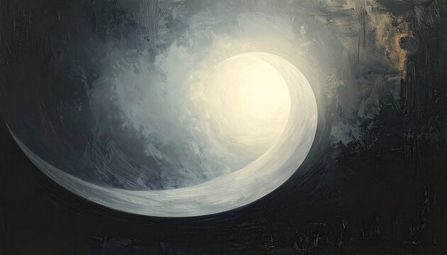 Representaci&oacute;n abstracta de un portal m&iacute;stico con una espiral de luz blanca resplandeciente rodeada de sombras y texturas atmosf&eacute;ricas densas.