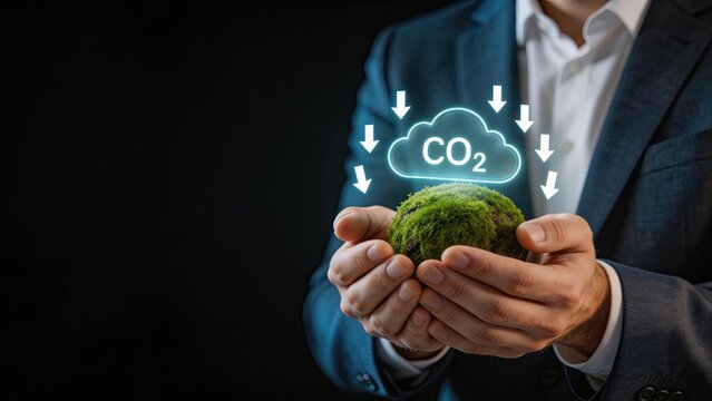 Businessman hands holding moss ball with CO2 cloud symbol concept of carbon capture net zero emissions sustainability green technology climate change solution eco friendly