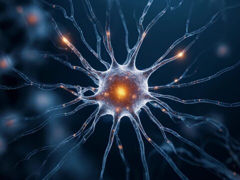 active neuron cell with glowing electrical impulses. 3d scientific illustration of human nervous system and brain activity. medical healthcare background. science, web design.