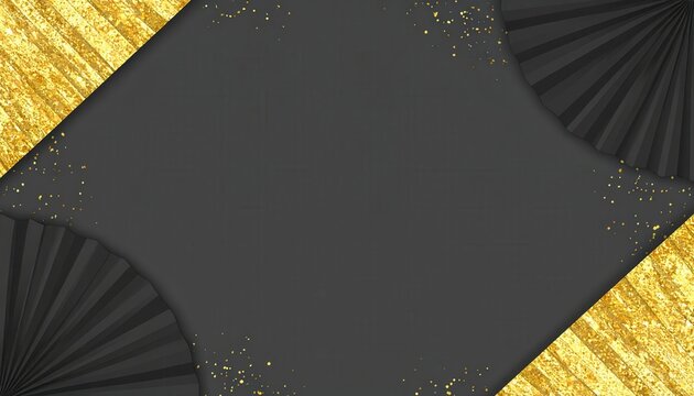 Fondo elegante de color negro y dorado con abanicos plisados y purpurina brillante ideal para celebraciones de lujo y eventos especiales.