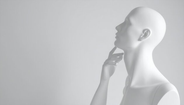 Perfil de un maniqu&iacute; blanco toc&aacute;ndose la barbilla en un gesto de duda o pensamiento filos&oacute;fico, ideal para conceptos de psicolog&iacute;a y mente.