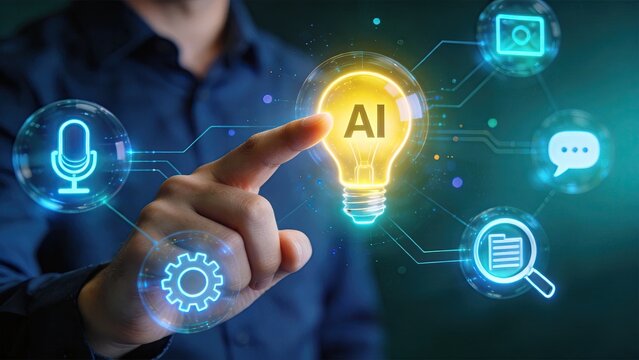 Businessman interacting with futuristic AI interface pressing glowing lightbulb with artificial intelligence text surrounded by digital icons for voice settings chat and search