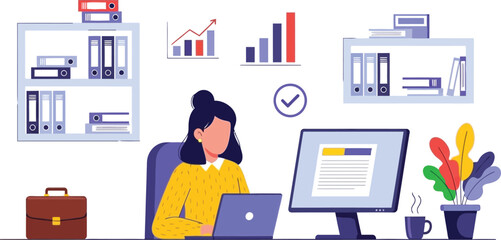 Fototapeta premium Professional Woman Working at Desk Flat Design Vector Illustration Concept
