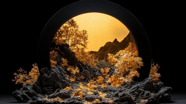 A diorama-like scene a golden landscape framed by a dark ring, with detailed rocks and autumn foliage