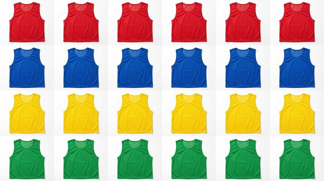 Colorful array of training bibs in red, blue, yellow, green for soccer and team sports drills