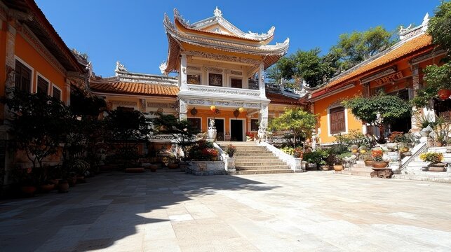 A vibrant, sunlit courtyard in an ornate, eastern-style structure. Buildings feature layered roofs, intricate carvings, and vibrant colors