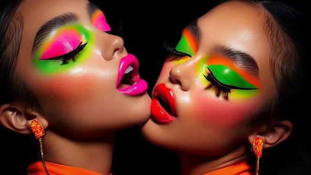 Vibrant Neon Makeup Close-Up of Two Models Kissing.