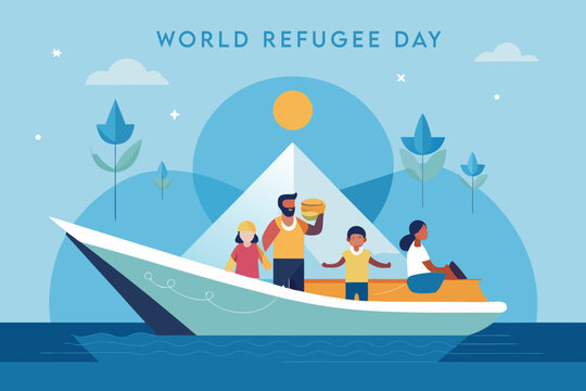 World Refugee Day illustration depicting a family traveling by boat under a sun