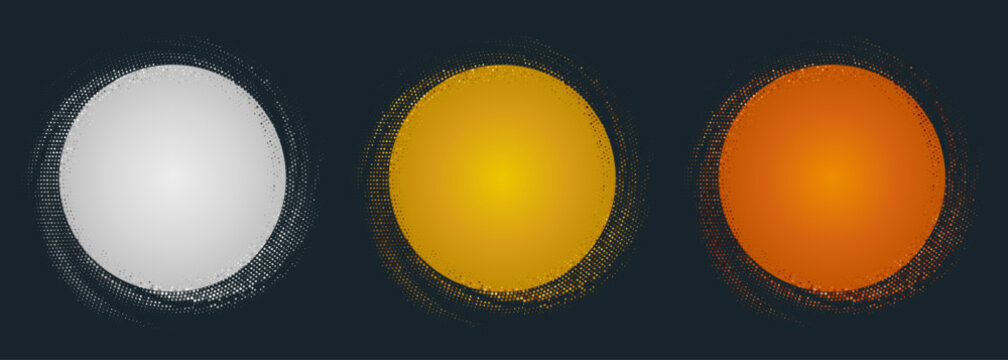 ドットの粒子で縁取られた3色の円形グラフィックセット、ホワイト・ゴールド・オレンジの鮮やかな配色が印象的なポップでモダンな装飾素材