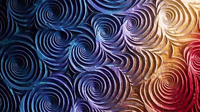 A mesmerizing video of many colorful circular coils slowly moving, creating a smooth, hypnotic motion with vibrant tones and a calming abstract visual effect.