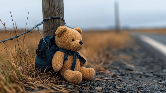 A teddy bear with a backpack rests against a fence post by a road, amidst a rural landscape under overcast skies