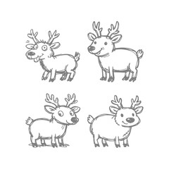 Obraz premium Cute Reindeer Characters Set, Hand Drawn Sketch Style Christmas Animals