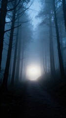 Fototapeta premium Misty forest pathway with trees fading into fog representing mystery and nature mood