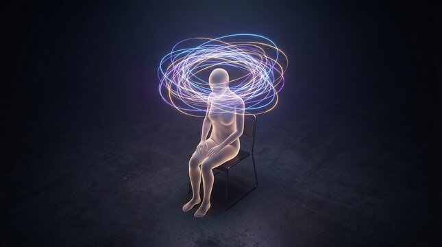 Overthinking Concept with Glowing Thought Loops in Minimal Dark Space