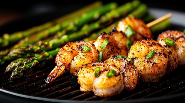 Grilled shrimp skewers with chopped green herbs, alongside grilled asparagus, on a dark, textured surface