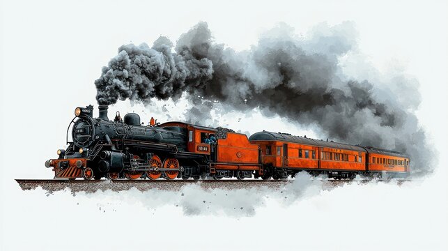 A vintage steam engine train chugs along tracks, billowing dark smoke. The train cars are orange. White background