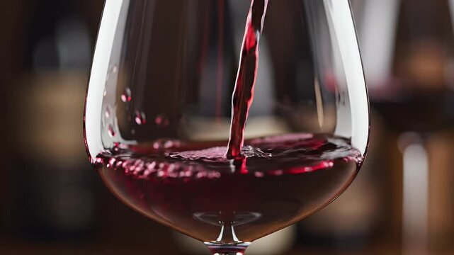 Red wine is poured into a clear glass, creating a splash