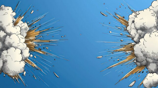 A split-screen illustration of two explosions, vast clouds of smoke and debris against a vibrant blue sky backdrop