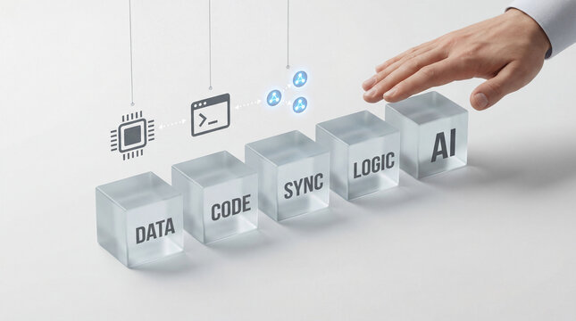 AI and Data Integration Concept: Cubes with Code, Sync, Logic, Data, AI
