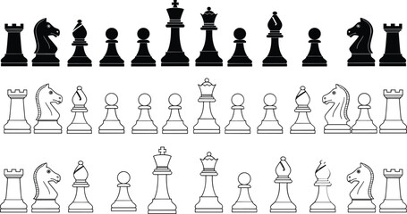 Chess pieces silhouette and outline set, black white board game elements, king queen rook bishop knight pawn illustration collection © MDRAKIB
