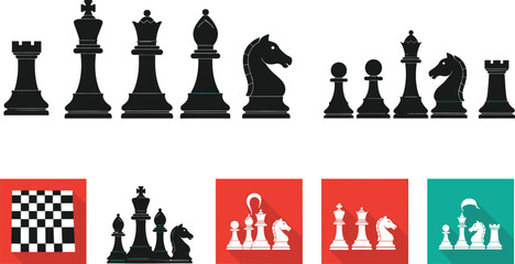 Chess pieces silhouette set, black white board game elements, strategy concept illustration, king queen rook bishop knight pawn isolated design © MDRAKIB