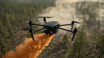 Fototapeta premium A drone sprays orange mist over a forest. The drone's propellers spin as it flies forward, smoke billowing behind