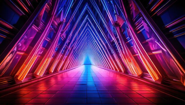 Pasillo futurista con estructura triangular iluminado por vibrantes luces de ne&oacute;n azules y p&uacute;rpuras en un entorno tecnol&oacute;gico de vanguardia.