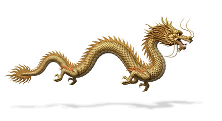 Fototapeta premium A golden dragon with orange spikes and red accents is depicted in a dynamic, curved pose against a clean white background with subtle shadow.