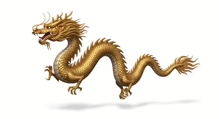 Fototapeta premium A golden dragon with a fierce expression and spiky scales appears to be jumping or dancing on a plain white background with a subtle shadow underneath.