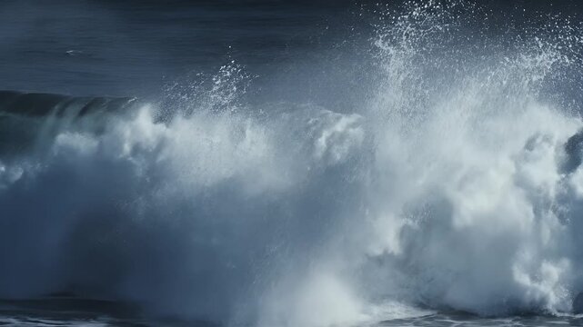 A colossal, dark wave barrels forward, exploding into a plume of white spray and foam