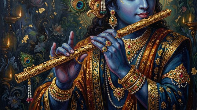 hands of lord krishna playing flute, detail with lotus pattern