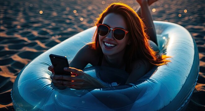 Woman wearing sunglasses relaxes on inflatable raft at beach while using smartphone during sunset.