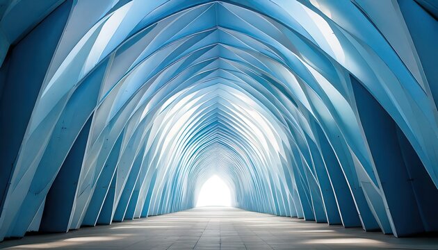 Interior arquitect&oacute;nico moderno con techos abovedados de color azul claro y una perspectiva sim&eacute;trica que gu&iacute;a la vista hacia un fondo luminoso.