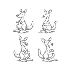 Collection of four whimsical, hand-drawn kangaroos in sketch style, perfect for childrens content or Australian themes. Ideal for illustration © DzgnVibe