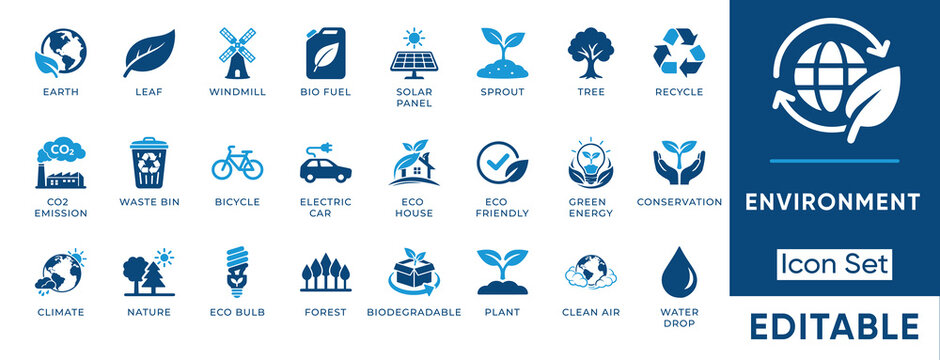 Environment icon set. Containing recycle, green energy, nature, climate, conservation, solar panel, eco friendly and more. Solid vector icons collection.