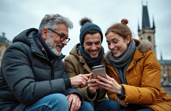 Three friends share a smartphone outdoors in city. They laugh at screen content. Old man points finger at phone. Old buildings and church tower in background.
