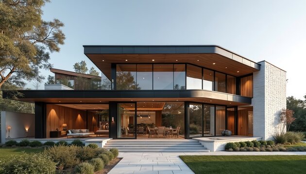 Modern luxury house exterior at daylight. Extensive glass walls and natural wood create elegant design. Open plan living area with dining table visible inside.