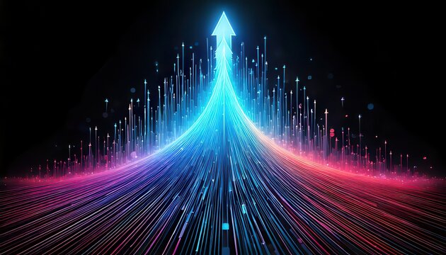 Una flecha luminosa ascendente simboliza el &eacute;xito financiero y la innovaci&oacute;n tecnol&oacute;gica sobre un fondo oscuro con estelas de luz vibrantes.