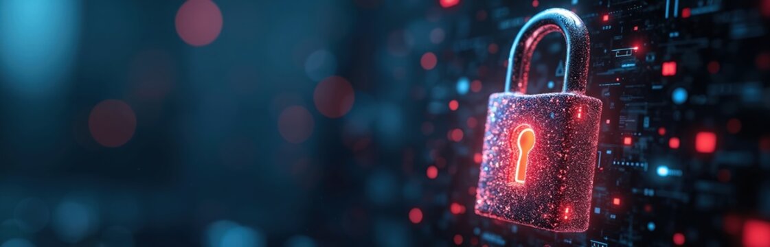 Digital padlock glows on dark background with red and blue lights. Symbolizes strong cyber security and data protection. Secure online systems and privacy with advanced tech.