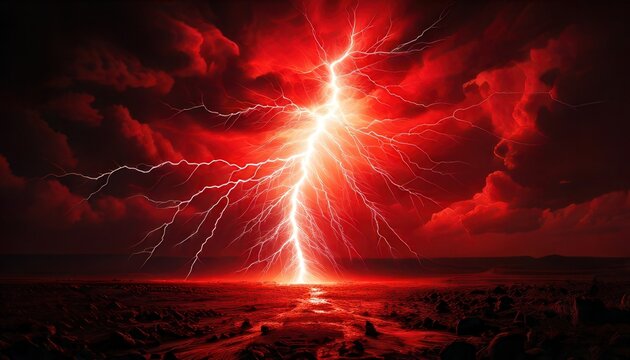 Espectacular rel&aacute;mpago de color rojo intenso descendiendo desde nubes oscuras hacia un horizonte sombr&iacute;o en una atm&oacute;sfera dram&aacute;tica y apocal&iacute;ptica.