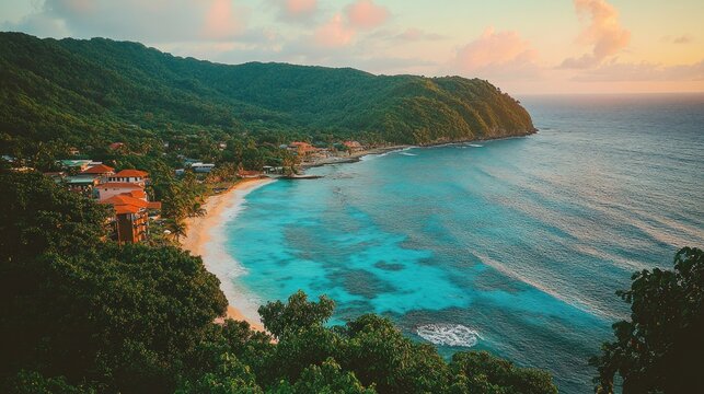 Tropical beach town at sunset