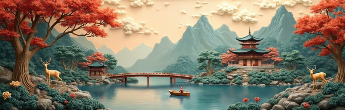 Serene oriental landscape with pagoda, bridge, lake, boat, and deer. Autumn trees with red foliage frame the tranquil scene. Mountains and clouds in background create layered effect.