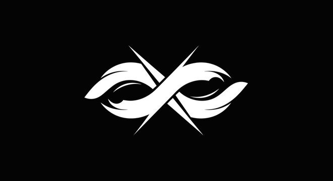 Abstract infinity symbol design with white flowing elements on black background