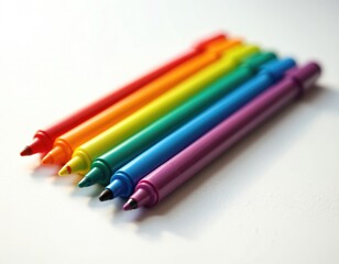 Fototapeta premium Set of rainbow colored markers arranged in a row on a white surface. Vibrant art supplies for drawing and creativity. Fine tip pens for detailed design work.