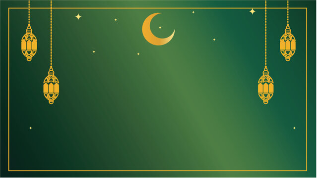Islamic Ramadan Green Background with Golden Lanterns and Crescent Moon Decorative Banner