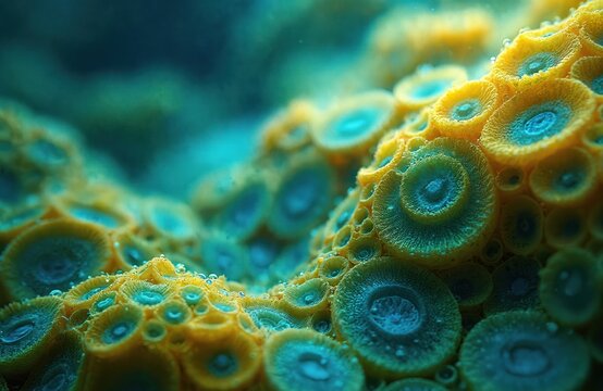 Close up of vibrant coral polyps and zooxanthellae algae. Tiny organisms thrive in sunlit ocean water creating colorful underwater ecosystem. Life grows in vivid marine world.